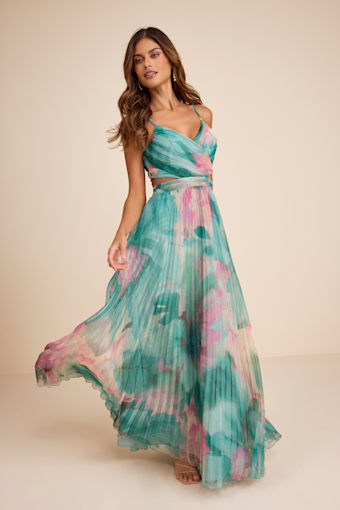 Estelle Teal Blue Floral Pleated Cutout Maxi Dress 1