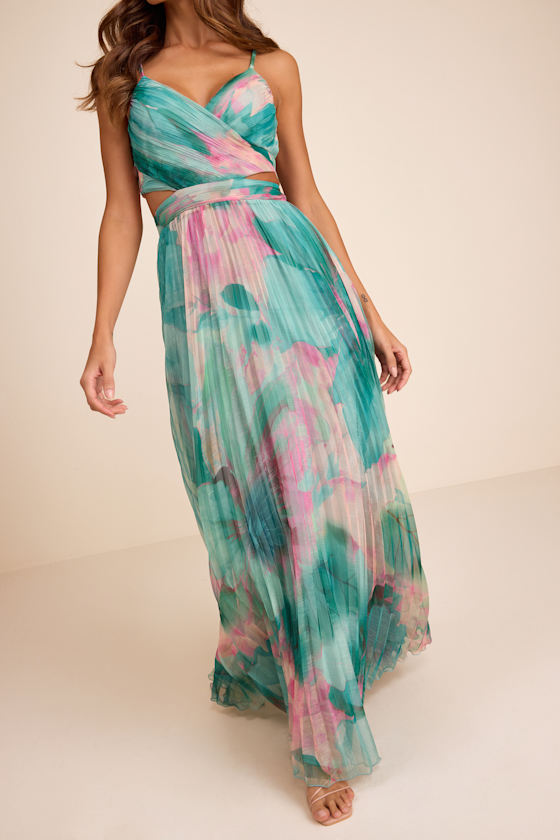 Estelle Teal Blue Floral Pleated Cutout Maxi Dress 2