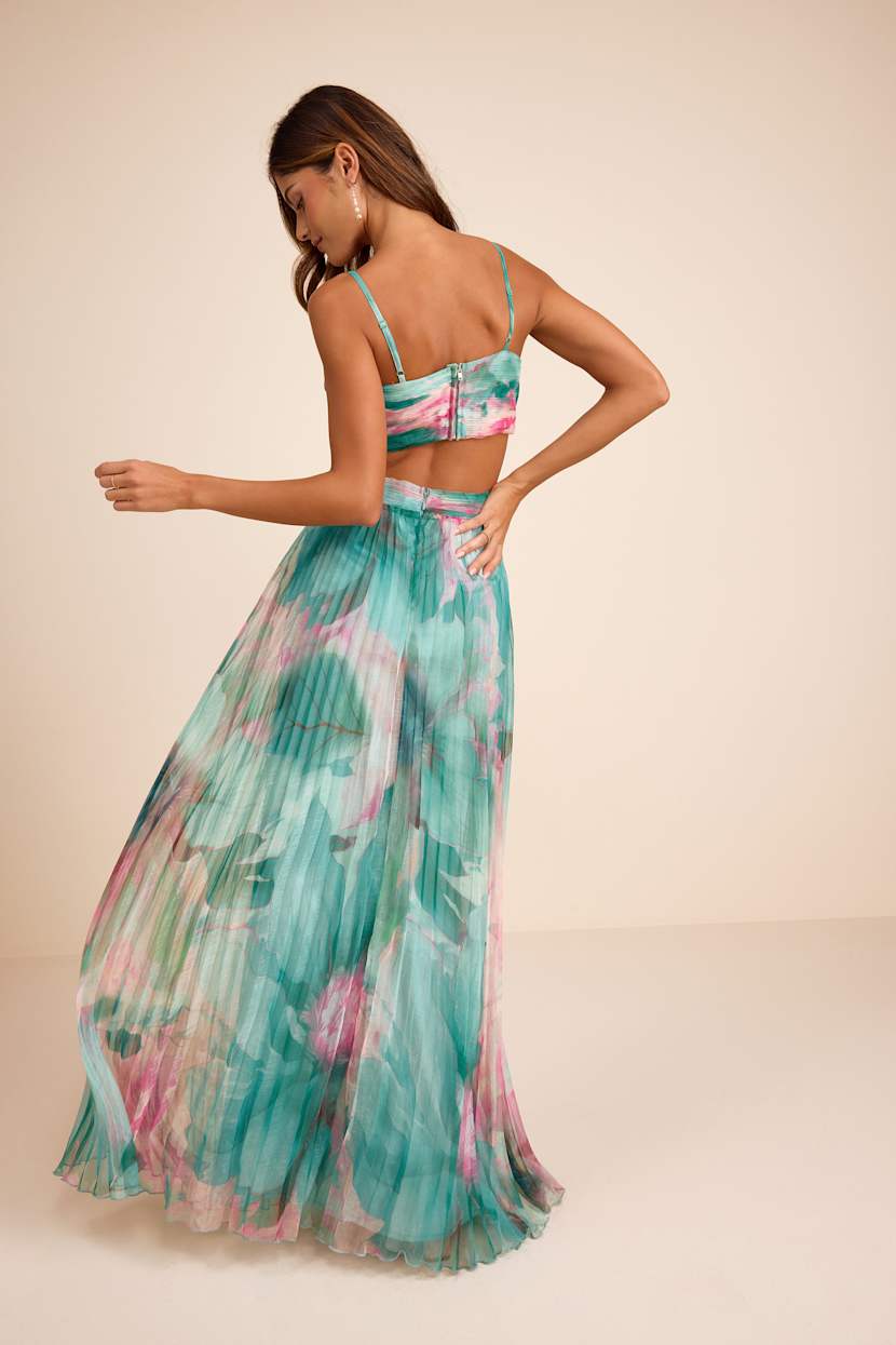 Lulus | Teal Blue Floral Pleated Cutout Maxi Dress | Womens | X-Small (Available in S, M, L, XL) | 100% Polyester