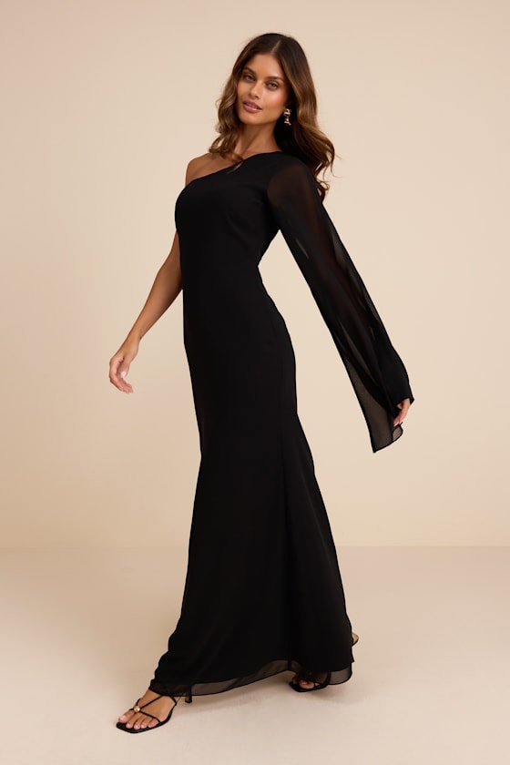 Elizabeth Black One-Shoulder Bell Sleeve Maxi Dress - thumbnail 4