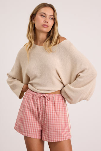 Kirra Pink Checkered Drawstring Shorts 1