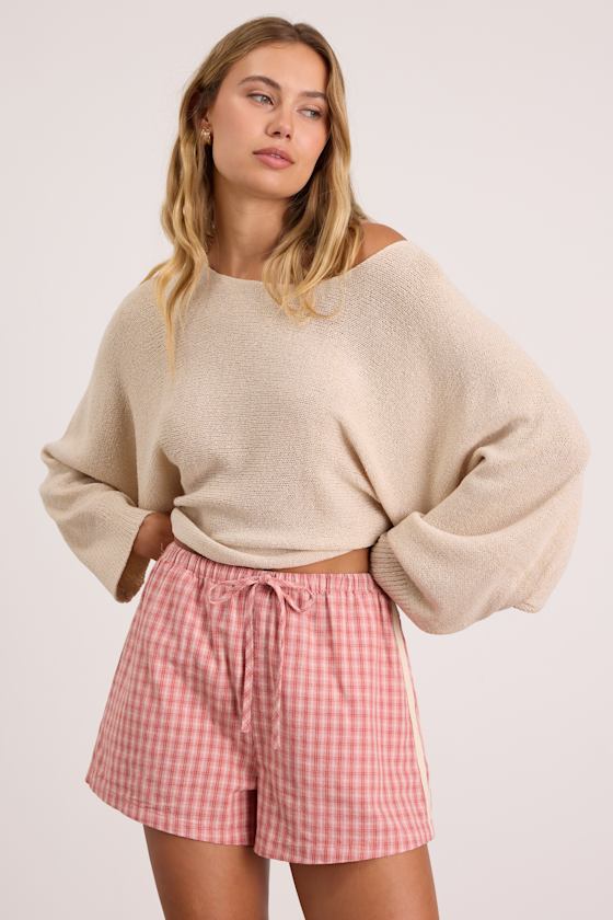 Kirra Pink Checkered Drawstring Shorts 1