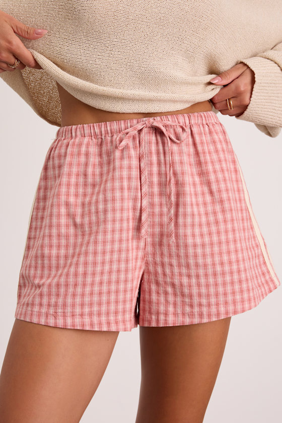 Kirra Pink Checkered Drawstring Shorts 2