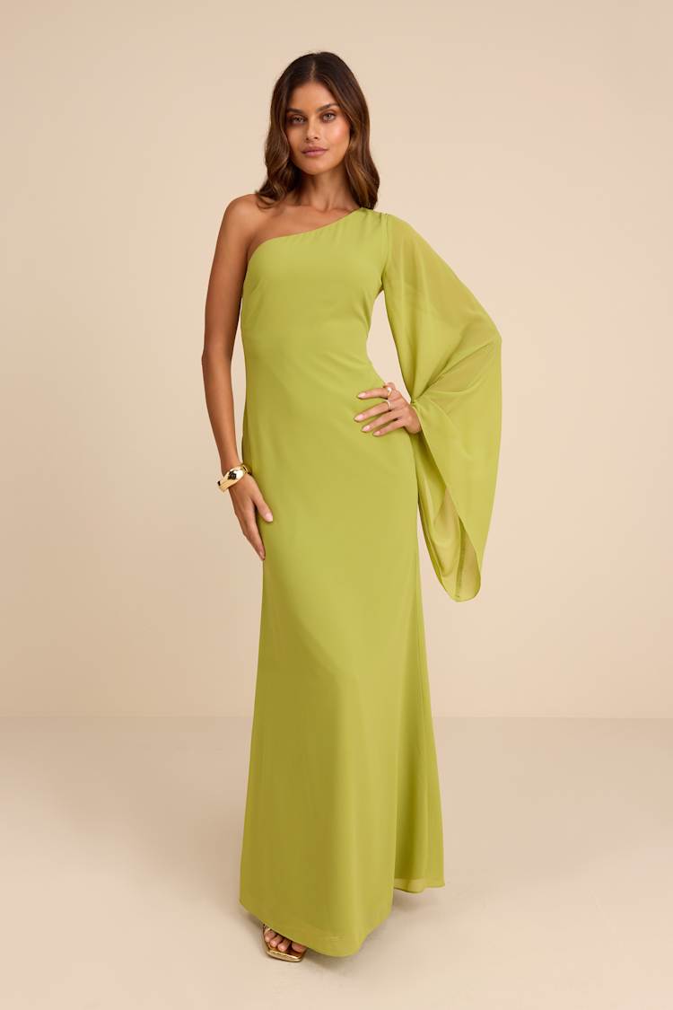 open lace back dress Cali Sunset Lime Orchid One Shoulder Plunge Dress