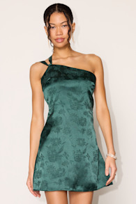 Yvonne Emerald Jacquard Satin One-Shoulder Mini Dress 2