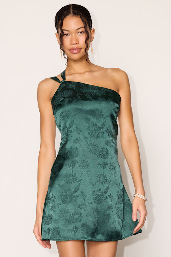 Yvonne Emerald Jacquard Satin One-Shoulder Mini Dress 2
