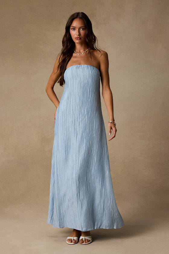 Image of Radiant Season Light Blue Plisse Cutout Strapless Maxi Dress