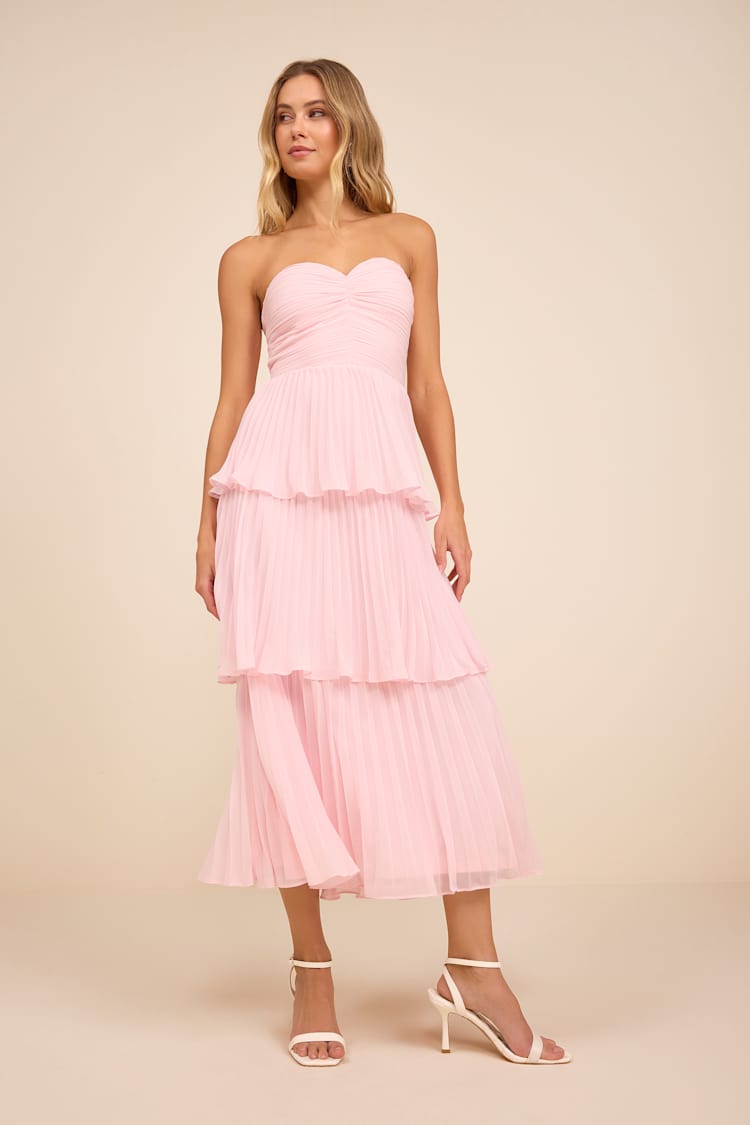 Blush Tiered Midi Dress - Strapless Dress - Pleated Midi Dress - Lulus
