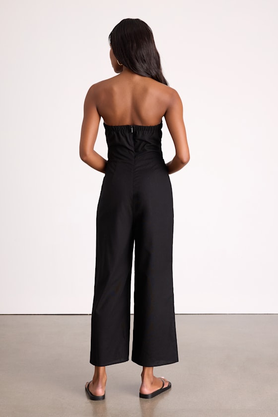 Black Strapless Jumpsuit - Linen Jumpsuit - Tie-Front Jumpsuit - Lulus