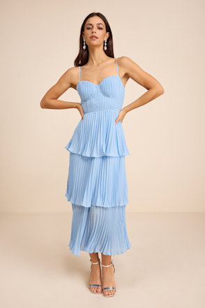 Cascading Crush Light Blue Tiered Bustier Midi Dress Cascading Crush Light Blue Tiered Bustier Midi Dress