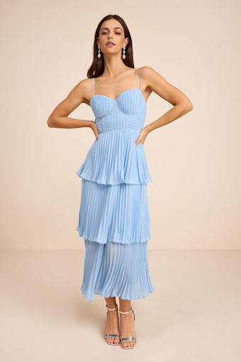 Cascading Crush Light Blue Tiered Bustier Midi Dress 1