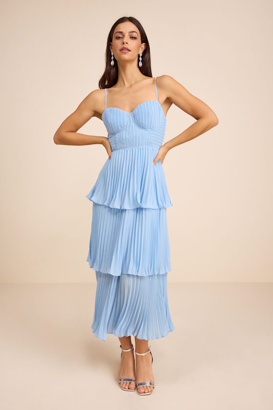 Cascading Crush Light Blue Tiered Bustier Midi Dress 1