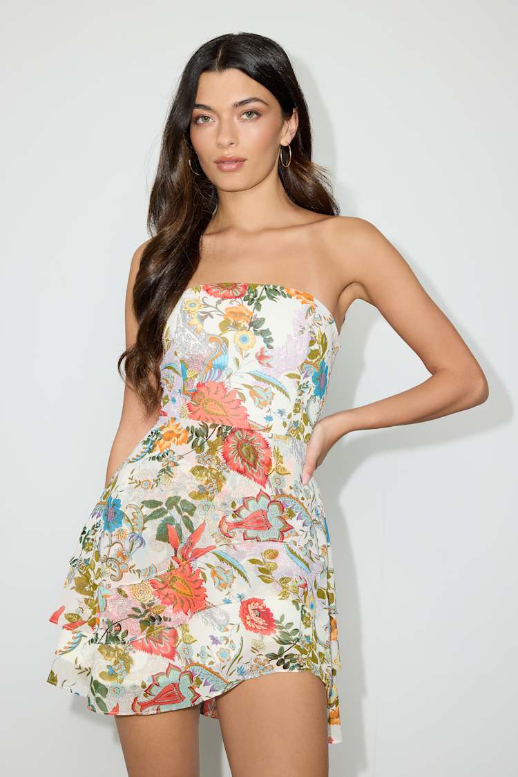 White Multi Floral Dress - Tiered Mini Dress - Asymmetrical Dress - Lulus