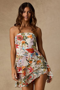 Suvi White Multi Floral Strapless Tiered Asymmetrical Mini Dress 1
