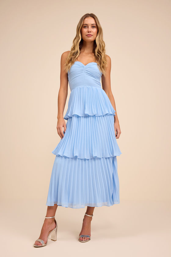 Image of Seriously Sensational Light Blue Strapless Tiered Midi Dress