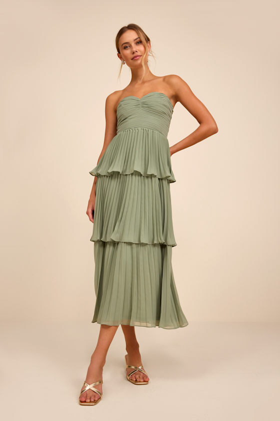 Sage Pleated Midi Dress - Strapless Dress - Pleated Midi Dress - Lulus