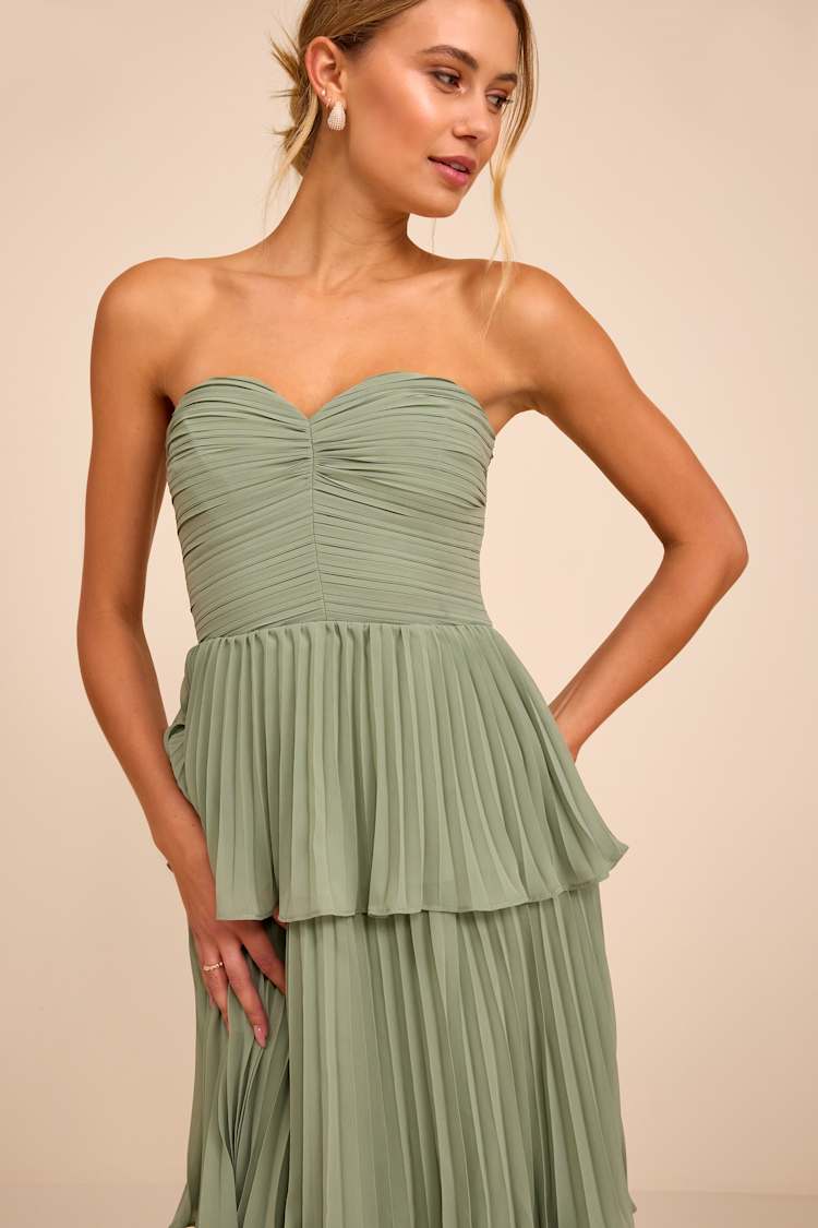 knee length dresses for ladies Giavana Strapless Layered Midi Dress Sage main image 1