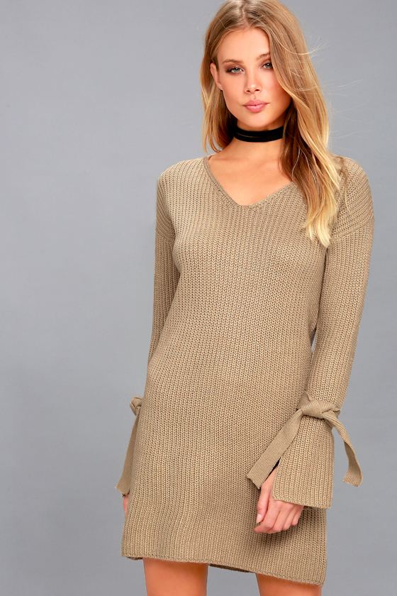 Cute Beige Dress Sweater Dress Long Sleeve Dress Lulus