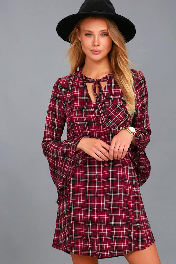 Rexford Burgundy Plaid Bell Sleeve Dress 3
