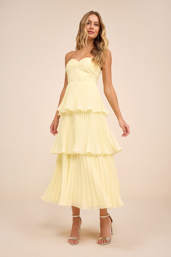Seriously Sensational Light Yellow Strapless Tiered Midi Dress 1