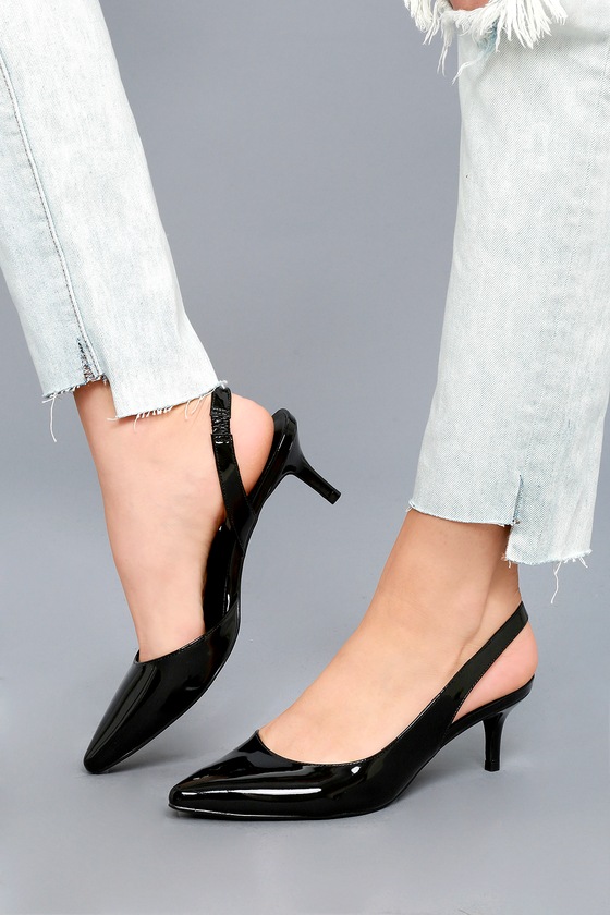 black patent leather kitten heels