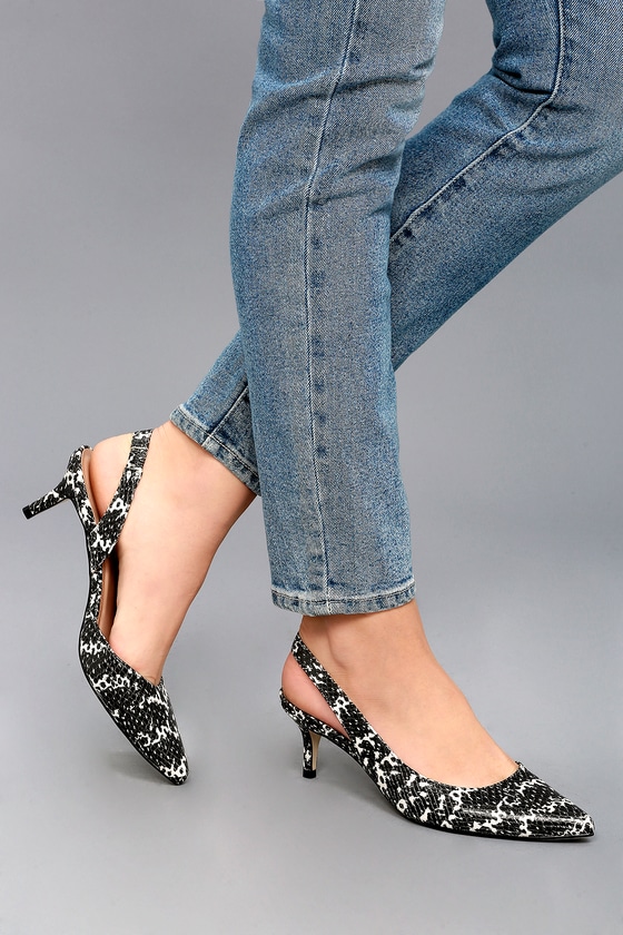 Vera Black and White Snake Slingback Kitten Heels