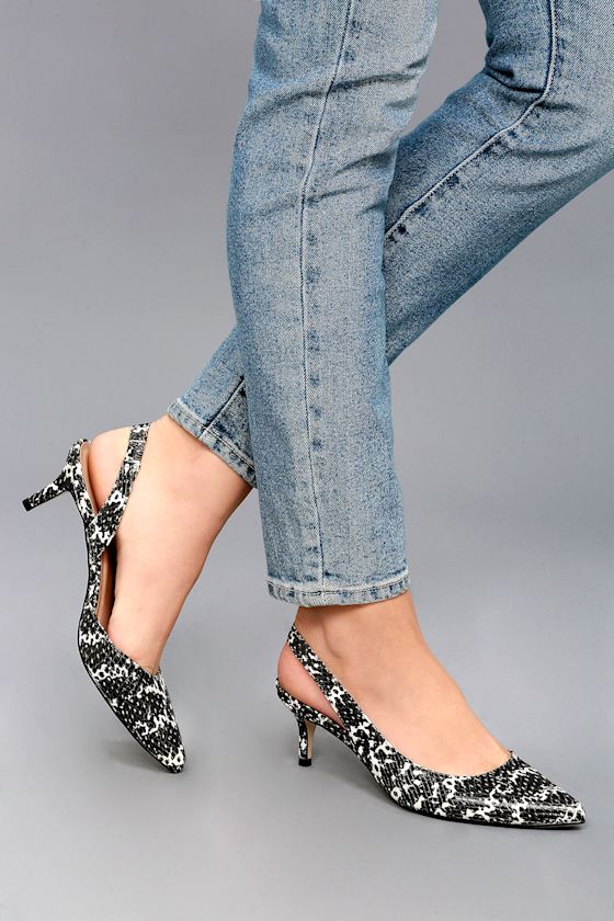 Vera Black and White Snake Slingback Kitten Heels 5