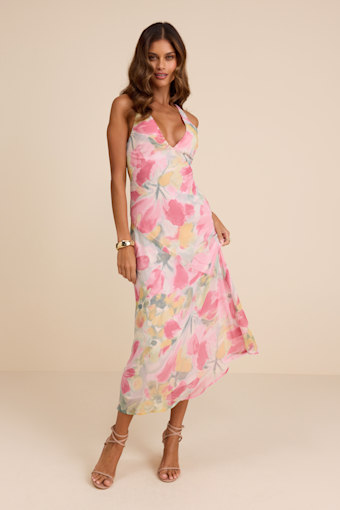 Delight in Elegance Pink Multi Floral Halter Midi Dress 1