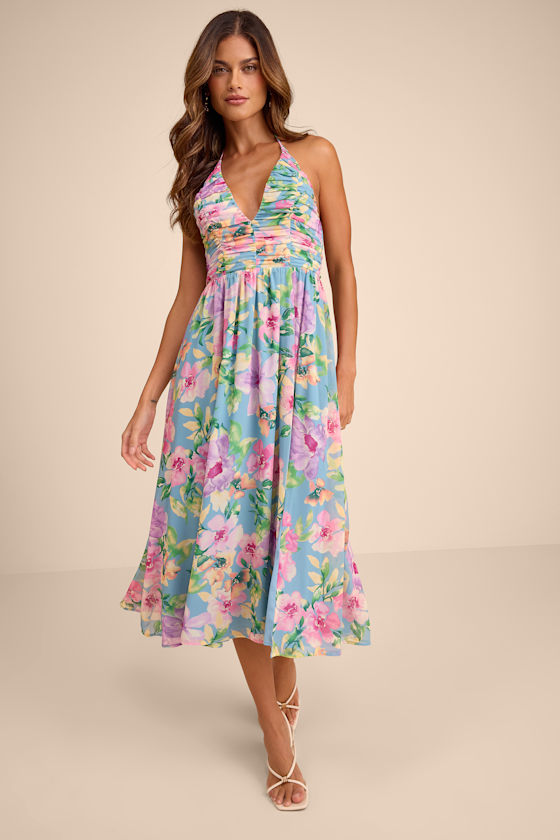 Image of Danelle Light Blue Floral Halter A-Line Midi Dress