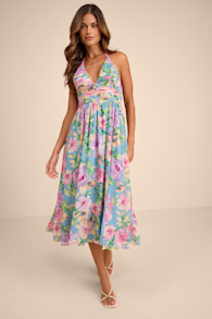 Danelle Light Blue Floral Halter A-Line Midi Dress 1