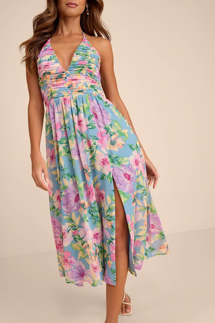 Light Blue Floral Dress - A-Line Dress - Tying Halter Midi Dress - Lulus