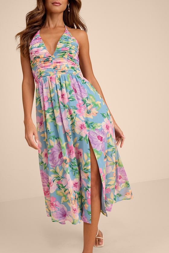 Danelle Light Blue Floral Halter A-Line Midi Dress 2