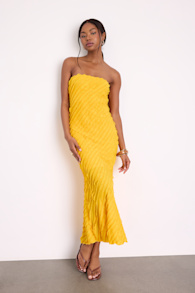 Faelyn Yellow Strapless Ruffled Midi Dress 1