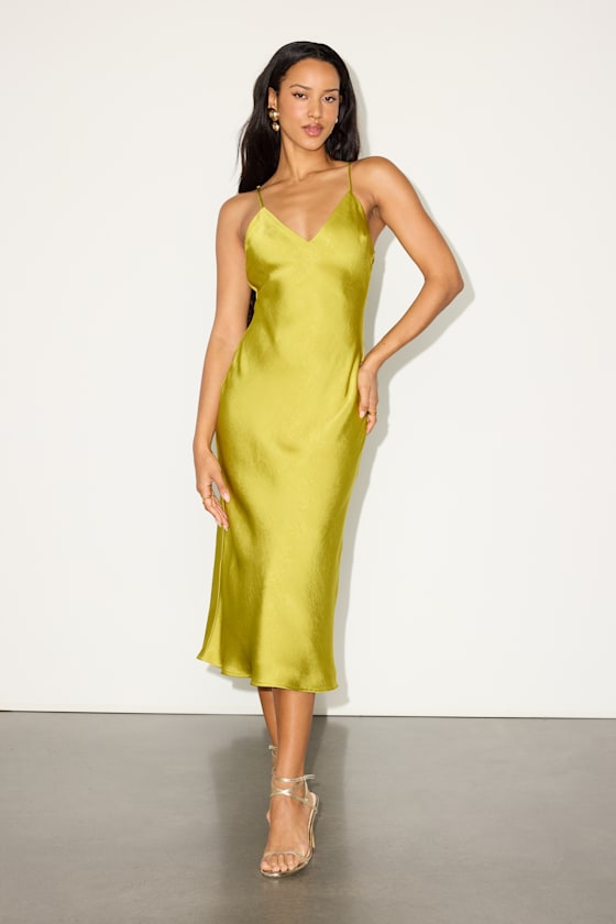 Katrien Chartreuse Textured Satin Backless Midi Slip Dress 2