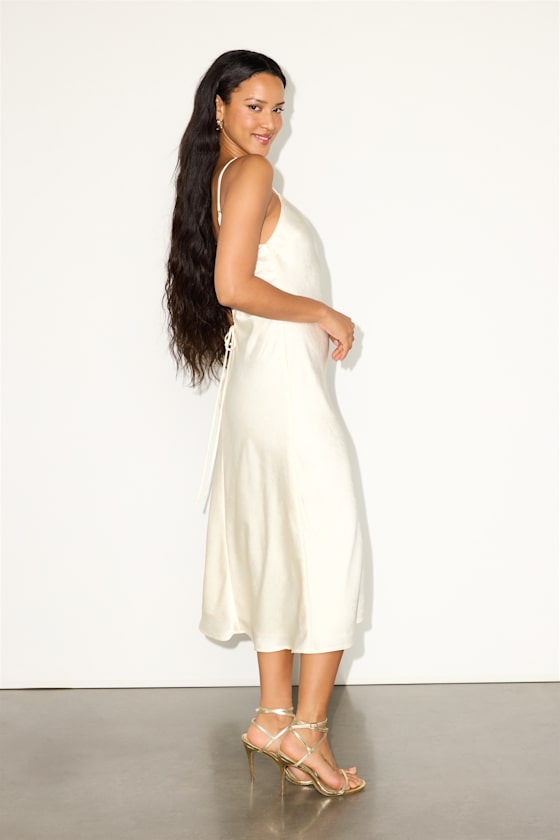 Katrien Ivory Textured Satin Backless Midi Slip Dress - thumbnail 4