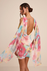 Siya Pink Multi Abstract Print Cowl Sash Mini Dress 2
