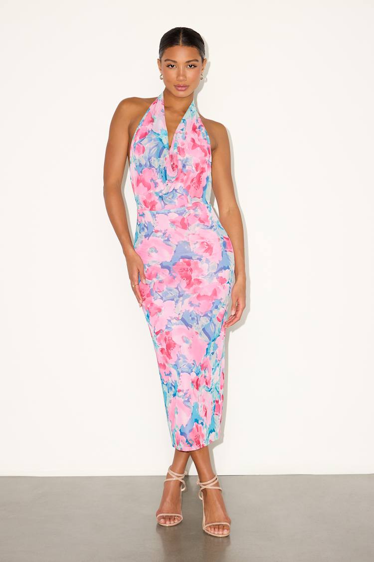 Lulus | Teal and Pink Floral Mesh Backless Midi Dress | Womens | Large (Available in XS, S, M, XL) | 100% Polyester
