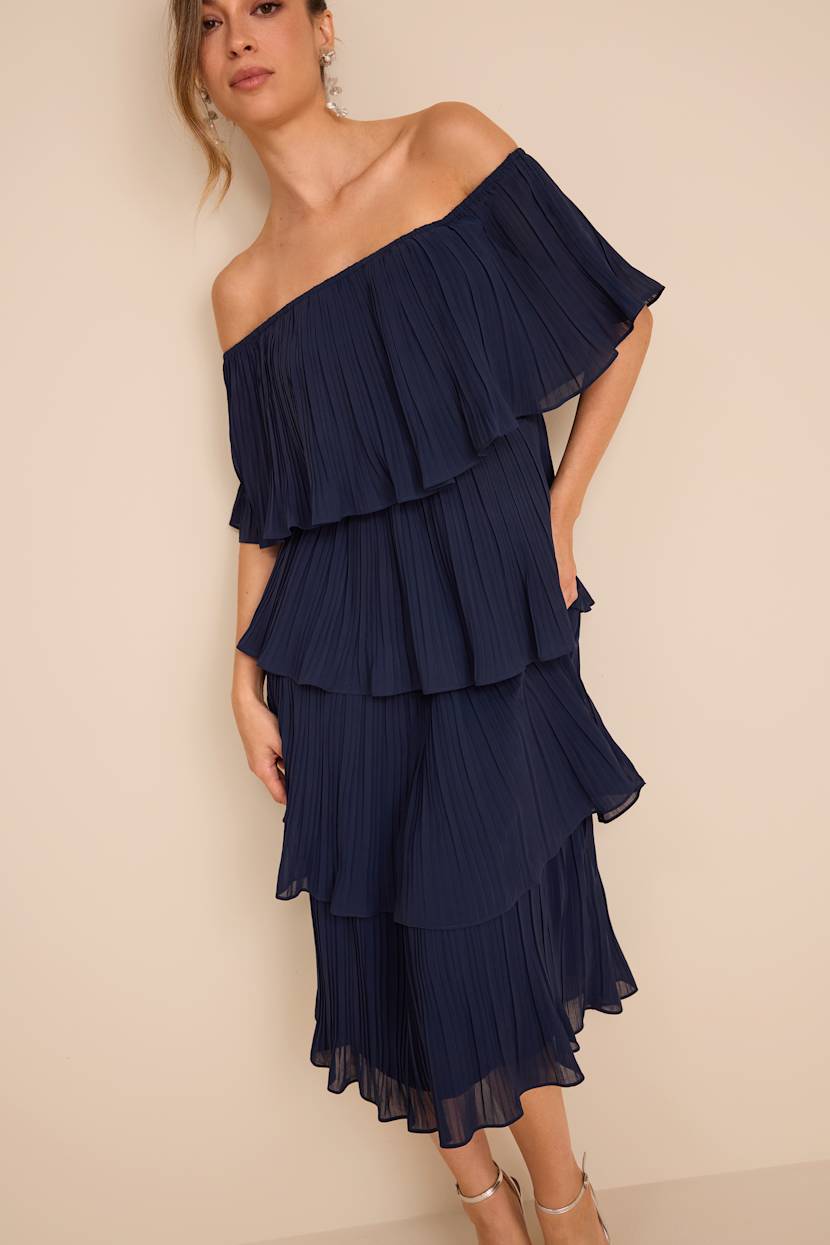 bardot off shoulder frill midi dress navy Exclusive Bardot Frill Midi Dress Dark Royal Blue | Feverfish
