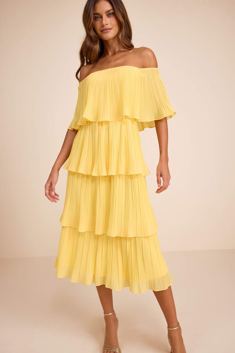 Yellow Off-the-Shoulder Ruffle Midi Dress | Womens | X-Small (Available in XXS) | 100% Polyester | Lulus Yellow Off-the-Shoulder Ruffle Midi Dress | Womens | X-Small (Available in XXS) | 100% Polyester | Lulus