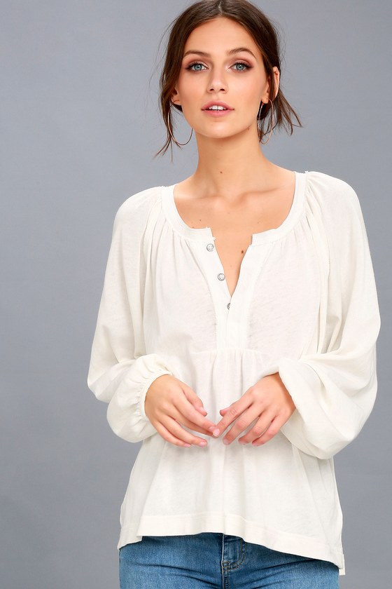 Free People Acadia - White Long Sleeve Top - Henley Top - Lulus