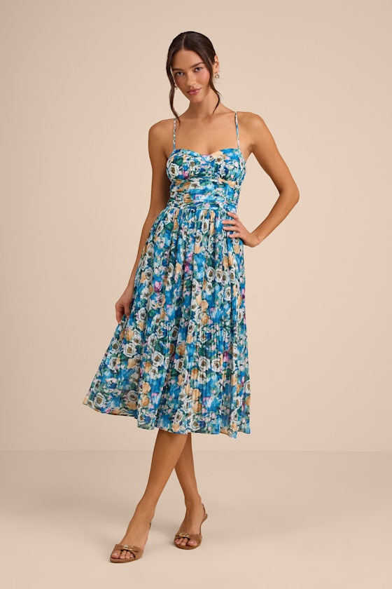 Image of Aleyna Blue Multi Abstract Pleated Lace-Up Bustier Midi Dress