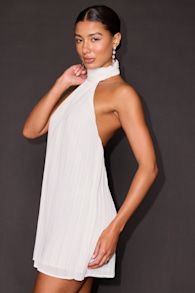 Gretchen White Pleated Halter Backless Mini Dress 2