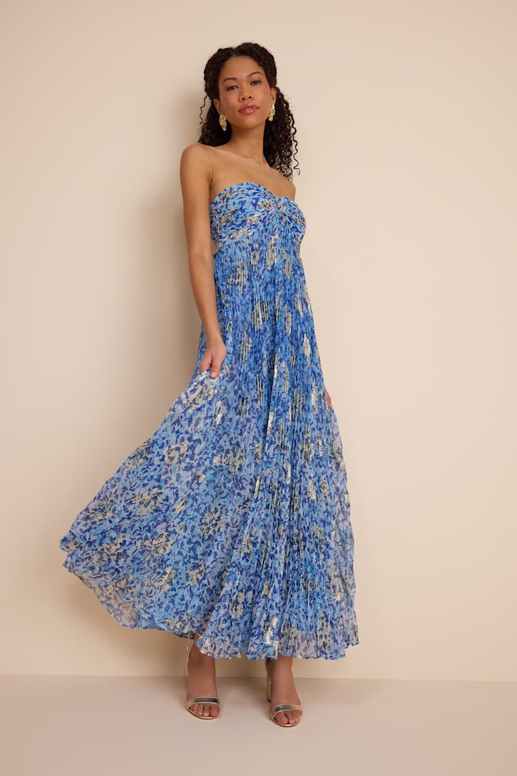 Lynwen Blue Abstract Pleated Strapless Maxi Dress