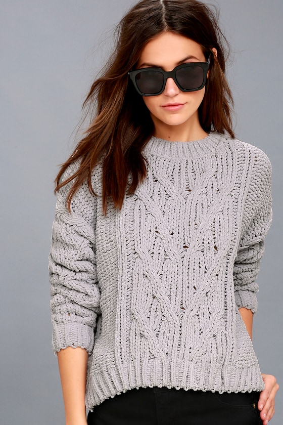 J.O.A. Grey Cable Knit Sweater Cable Knit Chenille Sweater Lulus