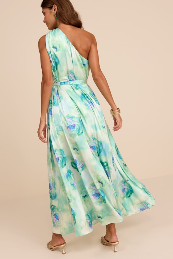 Goddess Aura Light Green Floral Satin One-Shoulder Maxi Dress 3