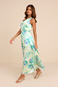 Goddess Aura Light Green Floral Satin One-Shoulder Maxi Dress 4