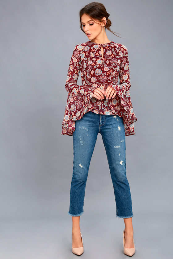 Odine Burgundy Floral Print Long Sleeve Top 5