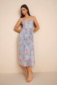 Alondra Light Blue Multi Floral Pleated Midi Dress 1