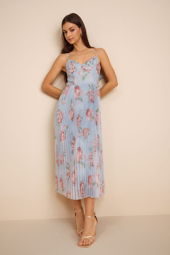 Alondra Light Blue Multi Floral Pleated Midi Dress 1