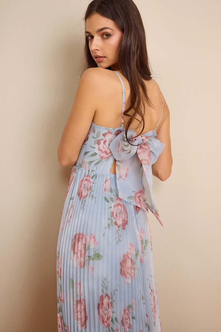 pastel blue floral print open back pleated midi dress Pleated Wildflower Border Midi Dress In Light Blue Multi
